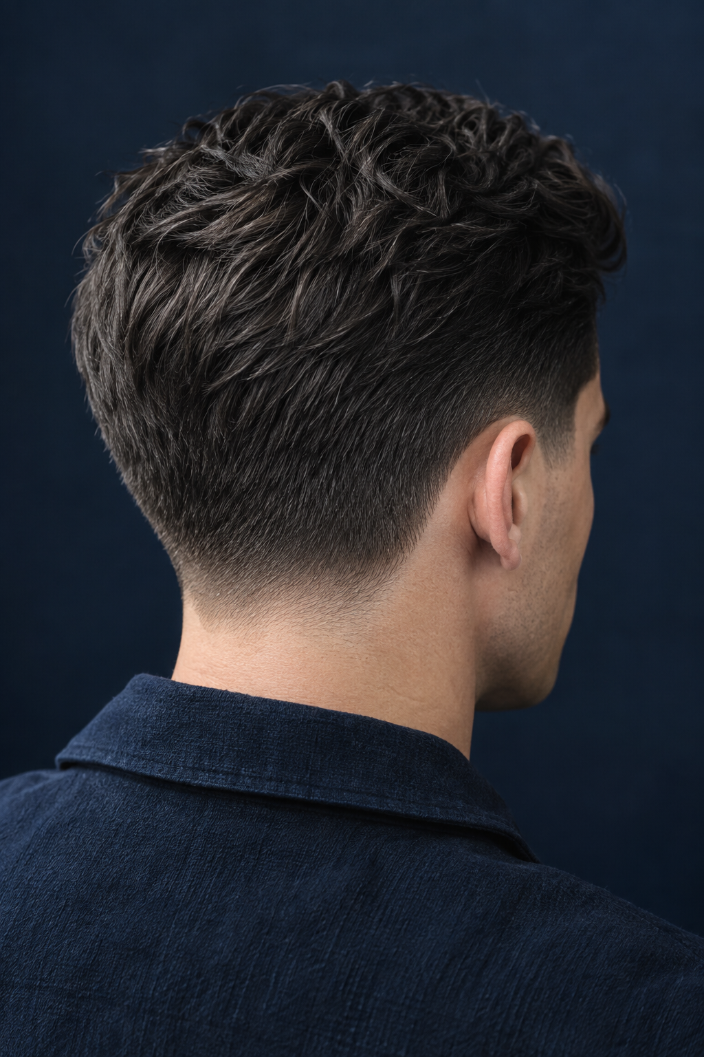 Rear view of a classic textured men’s haircut with a clean taper