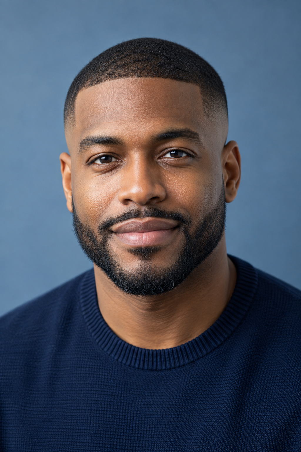 Front-facing adult Black model with a precise buzz cut and shaped short beard