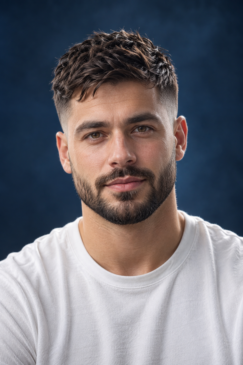 Front-facing adult model with a textured crop, taper fade, and short beard