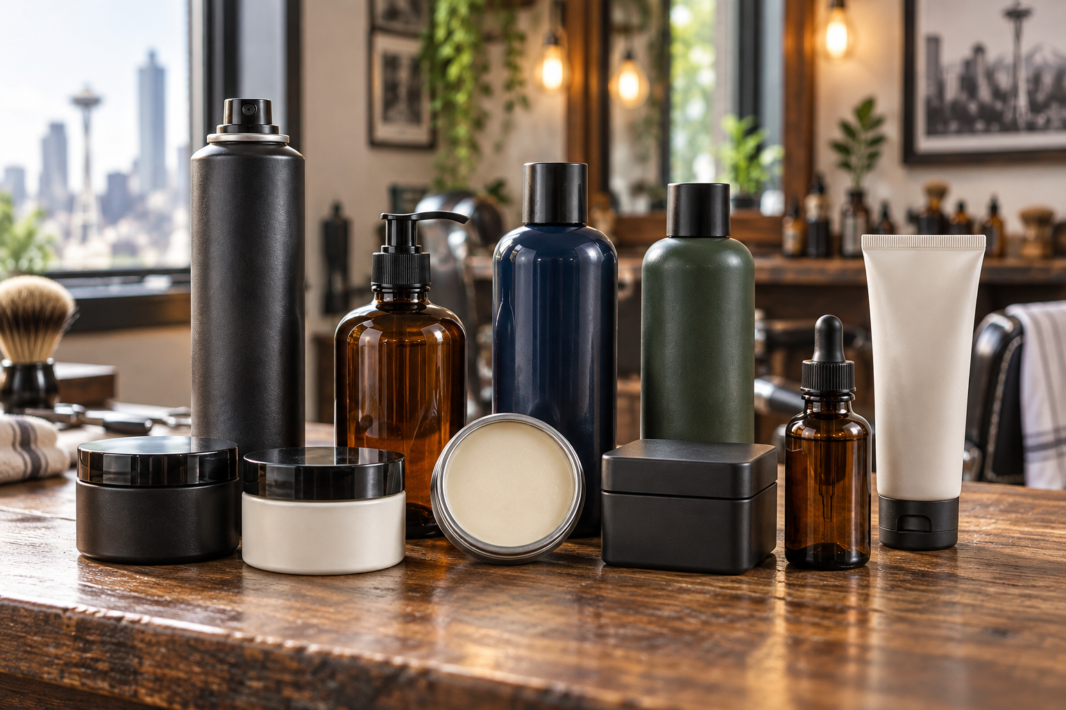 Concept collection of naturally colored barber grooming products arranged together on a wooden shop table
