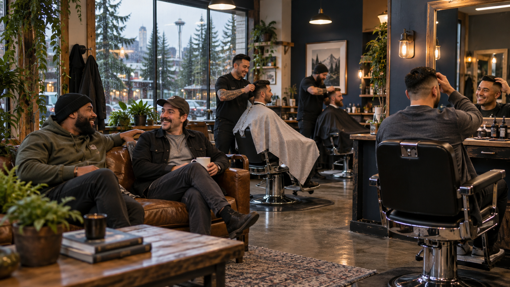 Customers and barbers sharing a relaxed neighborhood atmosphere