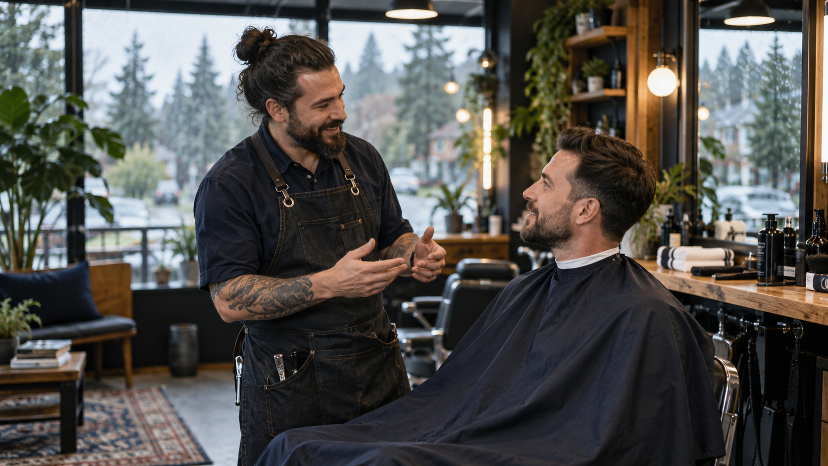 Barber having a friendly haircut consultation with a seated client