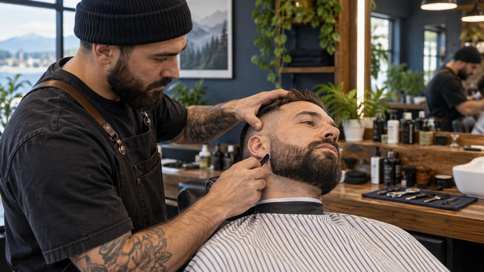 Barber carefully shaping a client's beard in a warm modern shop