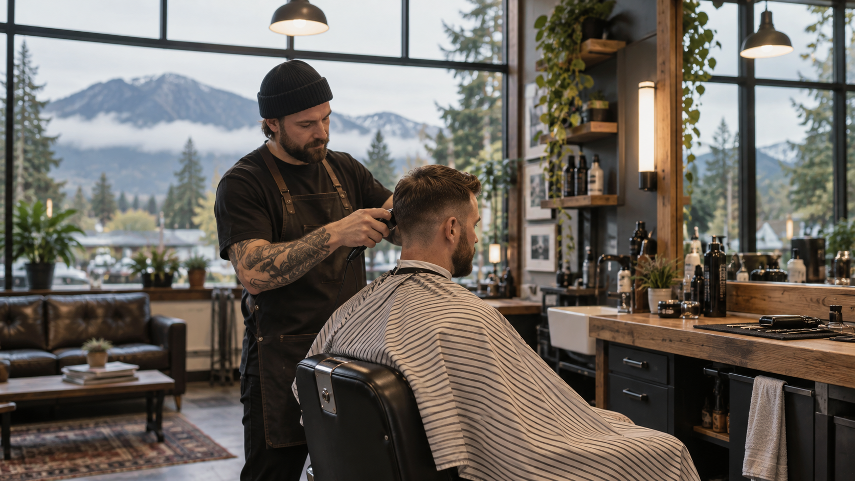 Barber giving a client a haircut in a Pacific Northwest-inspired shop