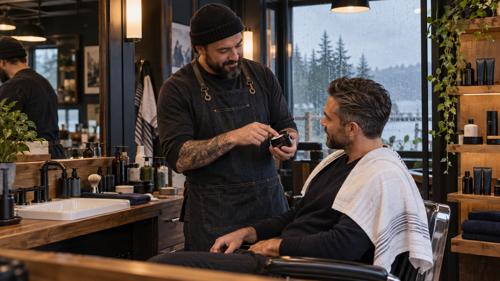 Barber recommending an unbranded grooming product to a client in a warm modern shop